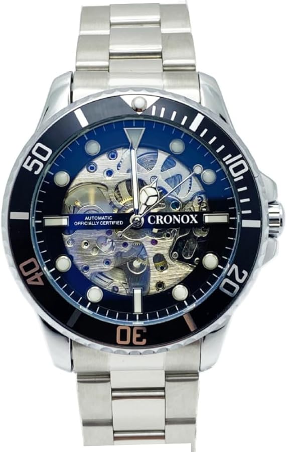 CRONOX Reloj Hombre Mecánico Automático, Reloj de Pulsera para Hombre, Dial Analógico Esqueleto con Correa de Acero Inoxidable y Luminoso