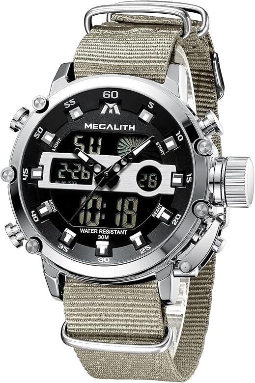 MEGALITH Reloj-Hombre Digital Deportivo Militar - Relojes Hombre LED Grandes Esfera Reloj de Pulsera Impermeable Nailon Caqui Reloj Analogico y Digital Cronógrafo Alarma Calendario, Regalo Hombre