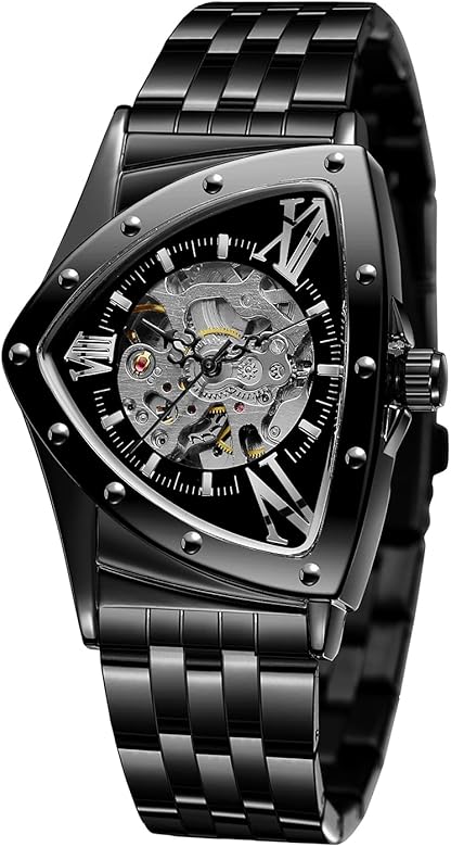 FORSINING Reloj de pulsera para hombre, impermeable, 30 m, diseño de esqueleto hueco, automático, deslumbrante, retro, triangular, negro, pulsera