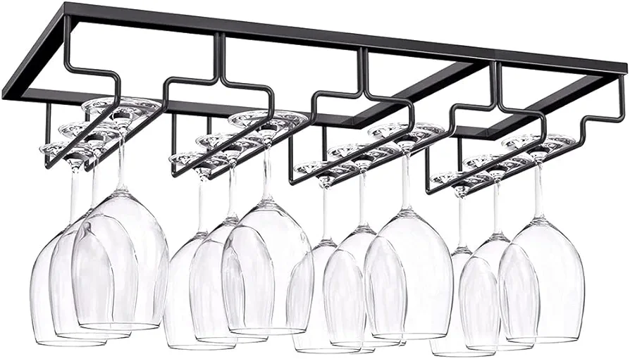 FDDE Soporte para Copa de Vino Invertido,Soporte para Copa de Vino Colgante,Estante para Copa de Vino Debajo del Gabinete con Tornillos,Usado en Barra,Cocina (Cuatro Ranuras,Negro)
