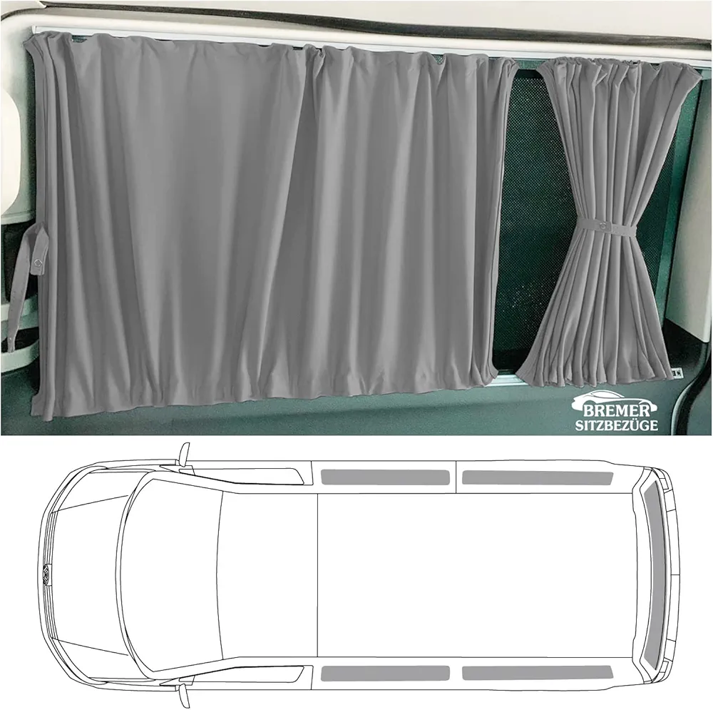 BREMER SITZBEZÜGE Cortinas a medida, protección solar, compatibles con VW T5 T6 T6.1 Transporter Caravelle distancia corta entre ejes con portón trasero en gris, accesorios para autocaravana, juego de