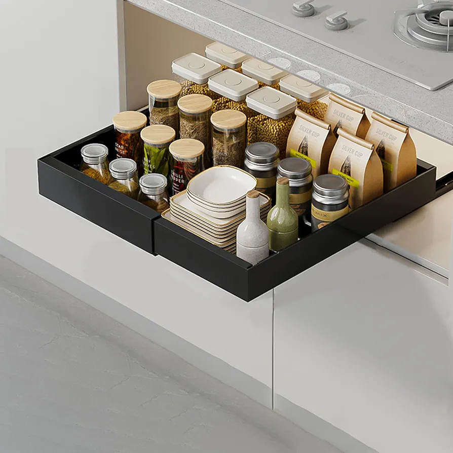 JOUING Cajón Telescópico Cajones Extraíbles Para Armario Acero al Carbono Organizadores Bajo Fregadero No Requiere Taladrar ni Clavar de Cocina, Despensa, Baño(Negro)