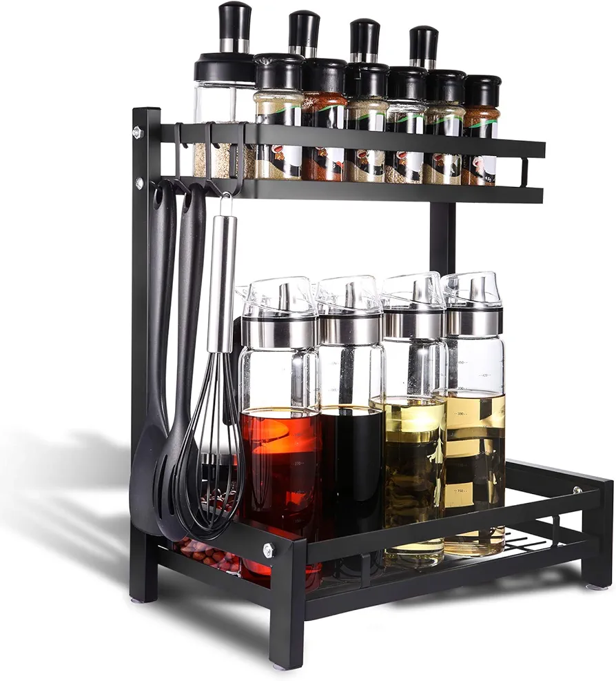 Uponer Estantería para especias de 2 Niveles,Especieros metálica para cocina,Ideal como organizador de especias,Resistente Estante de Almacenamiento de Encimera de Cocina de Acero con 3 Ganchos,Negro