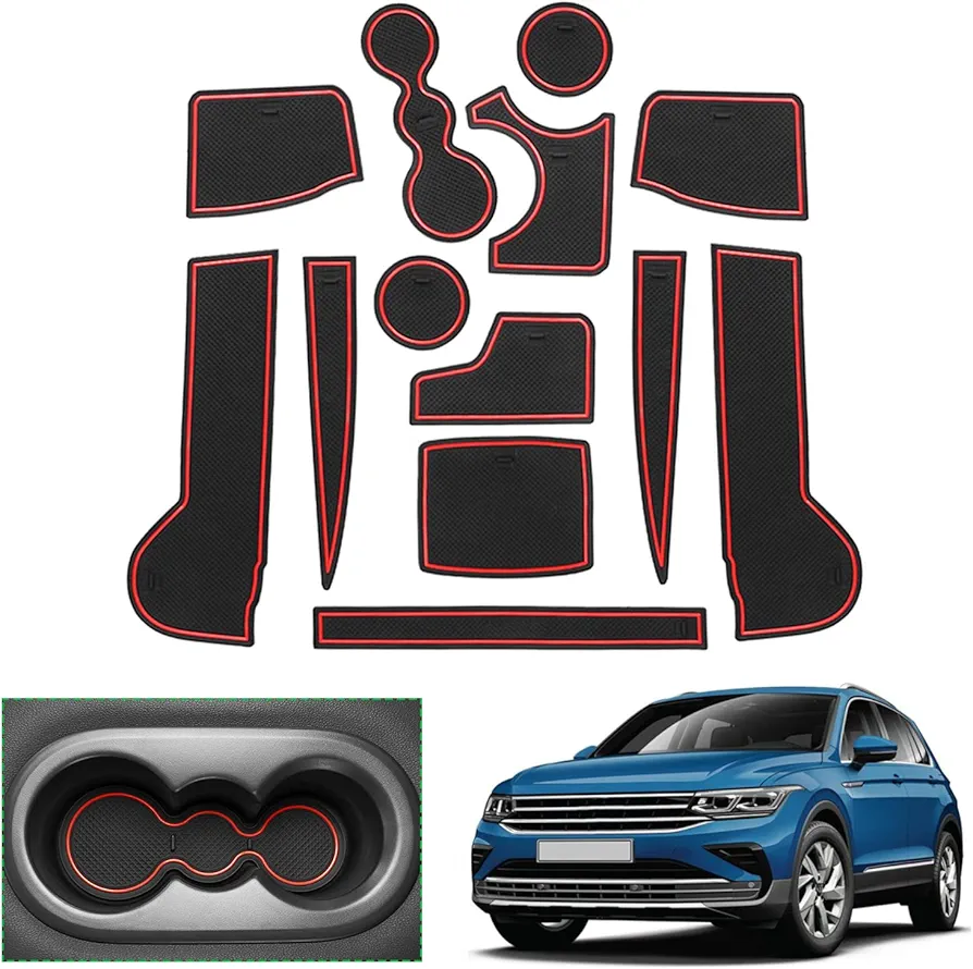 GAFAT Compatible con 2016-2022 VW Tiguan 2/Seat Tarraco 2019-2022 Alfombrillas de Goma, Alfombrillas Antideslizantes para Consola Central, Reposabrazos, Portavasos, Costura de Puerta (Rojo)