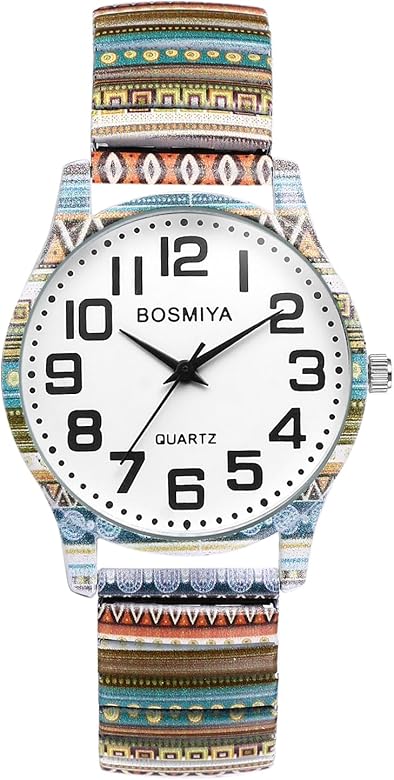 JewelryWe Reloj Boho Elástico para Hombre y Mujer : Reloj de Cuarzo Analógico Gran Digital Escala de Fácil Lectura Correa Retráctil Impresa Fácil de Llevar - para Negocios Ocio Regalo