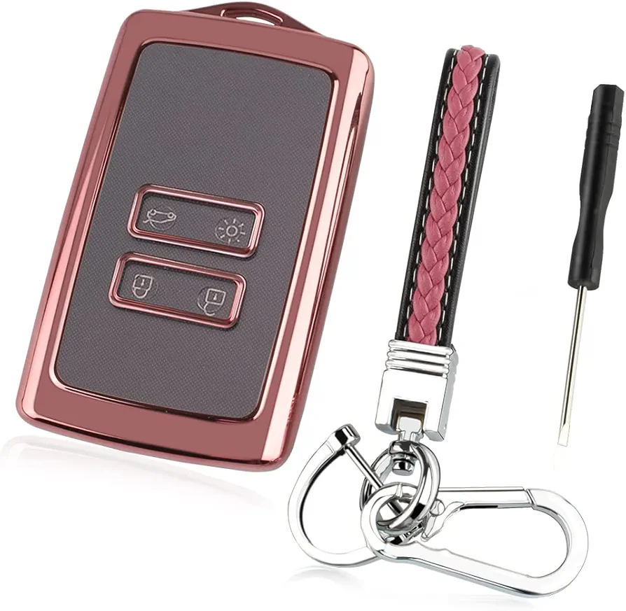 Funda para llave de coche compatible con Renault de 4 botones, funda para tarjeta de llave Renault, llavero de cuero con pequeños accesorios de destornillador, funda protectora de TPU (rosa)