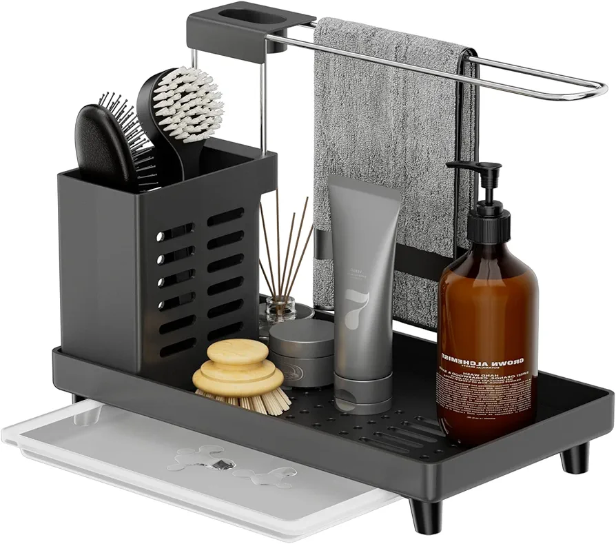 Organizador de fregadero de cocina para fregadero de cocina, cesta para utensilios de cocina y baño con bandeja de goteo, superficie de trabajo de pegamento de doble uso esponja cepillo jabonera