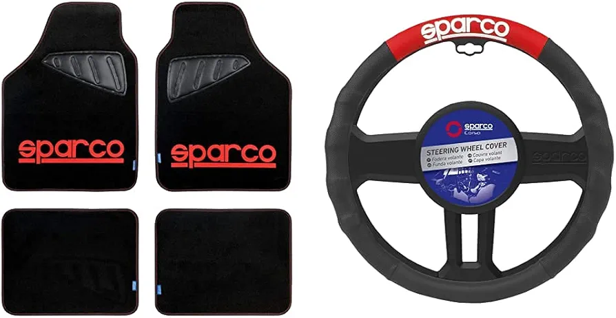 Sparco Spc1903 Juego De Alfombra Moqueta Color Negro con Logo Azul con Talonera Universal, Rojo + Spc1111Rs Funda Universal para Volante De Coche, Negro/Rojo