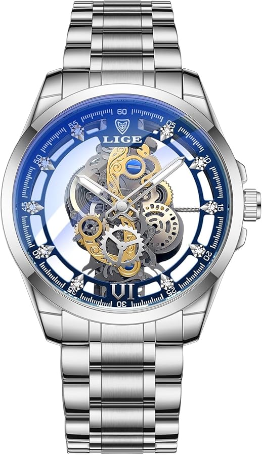 LIGE - Reloj para hombre, impermeable, analógico, de moda, clásico, esfera transparente, automática, mecánica, luminosa, elegante, acero inoxidable, lujo, relojes de pulsera para hombres, plata,