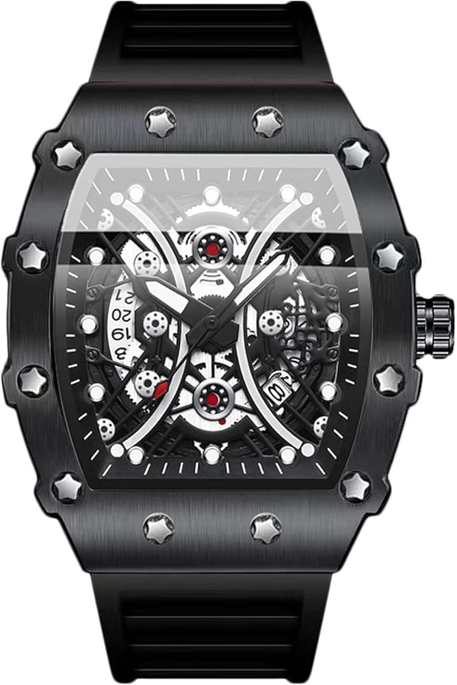 RORIOS Relojes de Pulsera para Hombres Reloj Moda Tonneau Reloj Impermeable Analógico Cuarzo Reloj Luminoso Fecha Reloj Deportivo Esqueleto Correa de Silicona