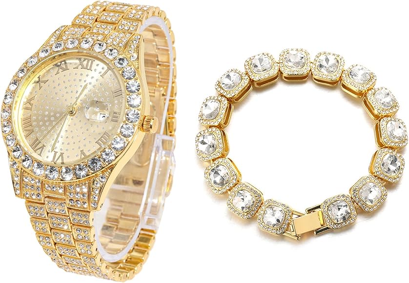 HALUKAKAH Diamante Reloj de Oro para Hombre,Chapado en Oro/Platino Cuarzo Pulsera 24cm Esfera Redonda,con Cadena de Tenis de Diamantes en Racimo Collar Pulsera Opciones,con Caja de Regalo