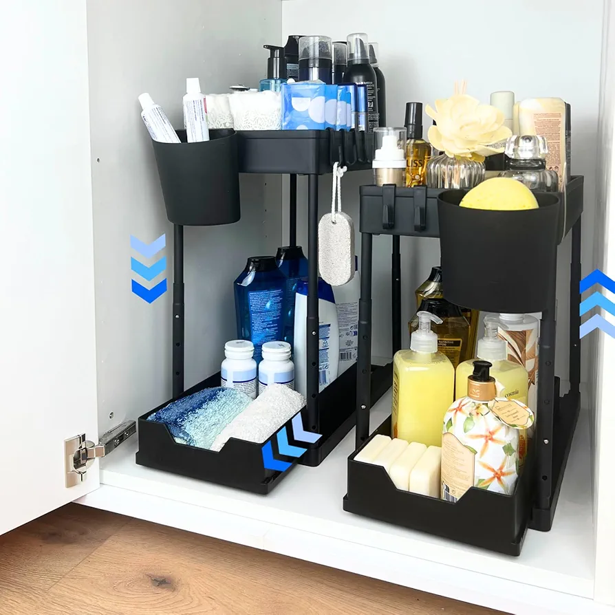 Organizador bajo Fregadero - Organizador Armario Cocina - Organizador Productos Limpieza - Altura Regulable - Nivel Inferior Deslizable - 2 Cestas - 8 ganchos - Almohadillas de Goma -2 Paquete (Negro)