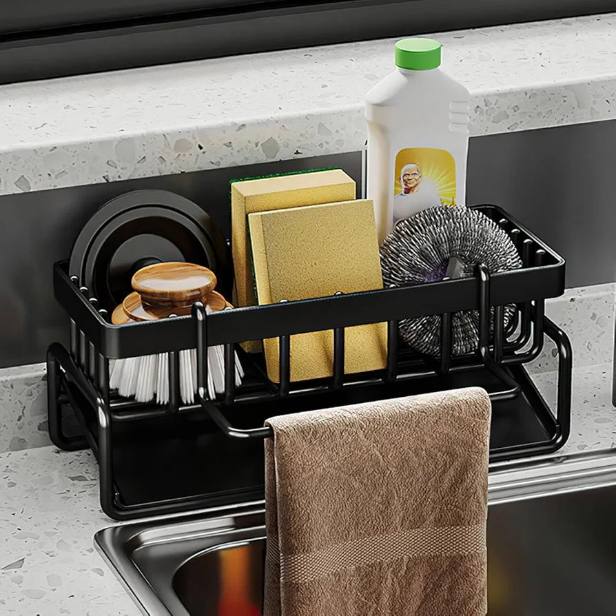 Anevios Organizador para Fregadero de Cocina Negro Multifuncional 2 en 1 Estante de Renaje de Esponja Porta Esponja Cocina Fregadero para Esponja Tapón de Fregadero Cepillo y Paño