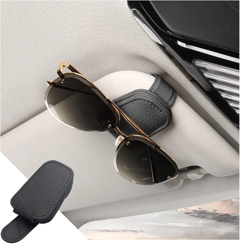 CGEAMDY Soporte de Gafas Sol para Coche, Clip de Gafas de Visera de Coche Universal, Portagafas Colgar de Cuero y Magnético, Clip de Tarjeta de Entrada Montaje de Anteojos para Visera (Negro)