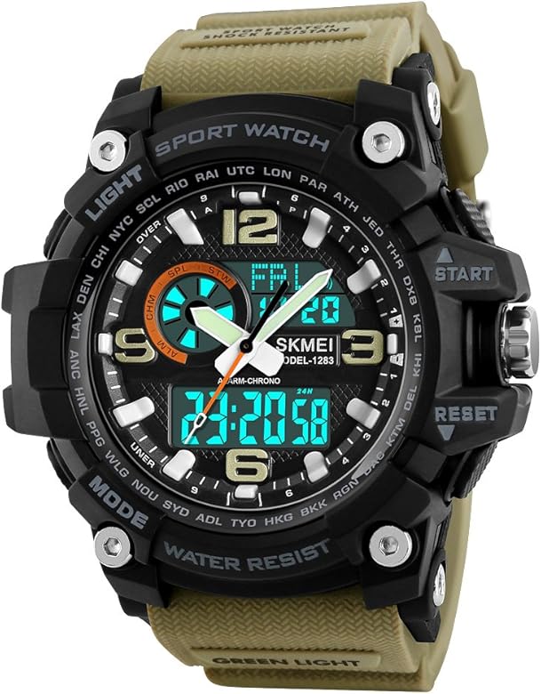 SKMEI Reloj deportivo digital para hombre, resistente al agua hasta 50 m, pantalla LED, cronómetro, alarma, reloj de pulsera, Caqui negro (Khaki Black), Digital