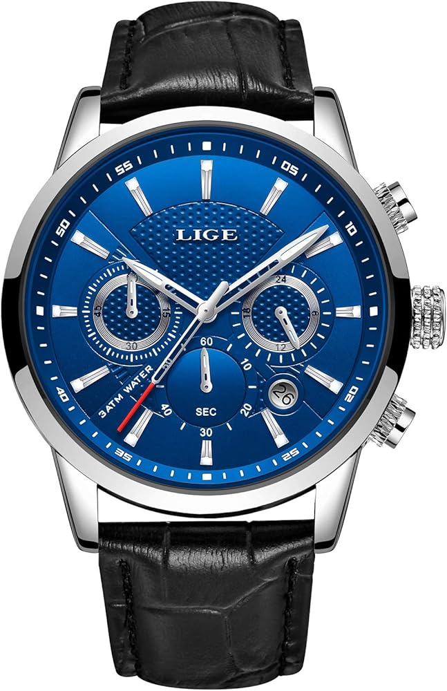 LIGE Reloj cronógrafo para Hombre, Resistente al Agua, Cuarzo, analógico, Acero Inoxidable, Correa de Cuero, Calendario