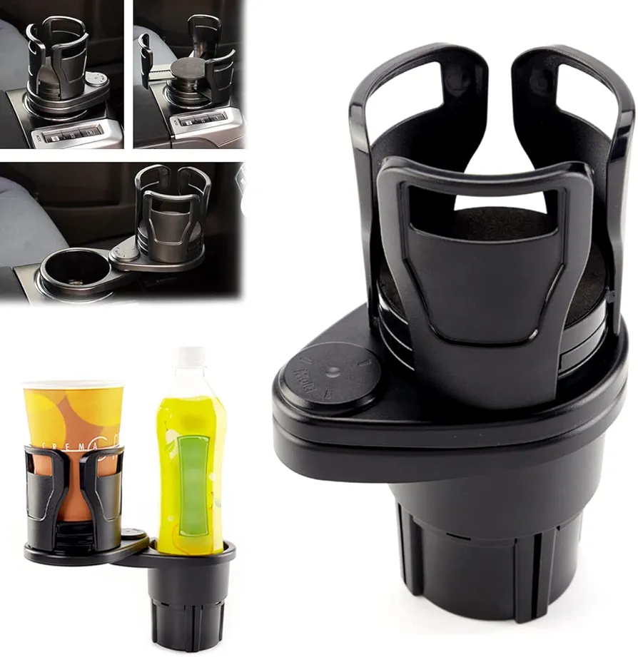 Portavasos Multifuncional 2 en 1 para Automóvil, XiXiRan Soporte Vaso Coche, Portavasos de Agua Montado en El Vehículo, Portavasos Dobles Ajustables Giratorios de 360 Grados, Portavasos para Coche