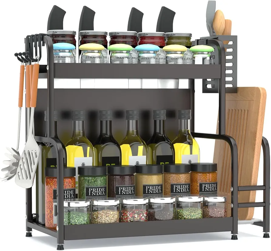 FEXPLENDID especieros para cocina, estanteria cocina, 49X43.5X22.5cm, Acero, organizador especias cocina, organizador cocina, spice rack, estante especias para encimera cocina(2-niveles)