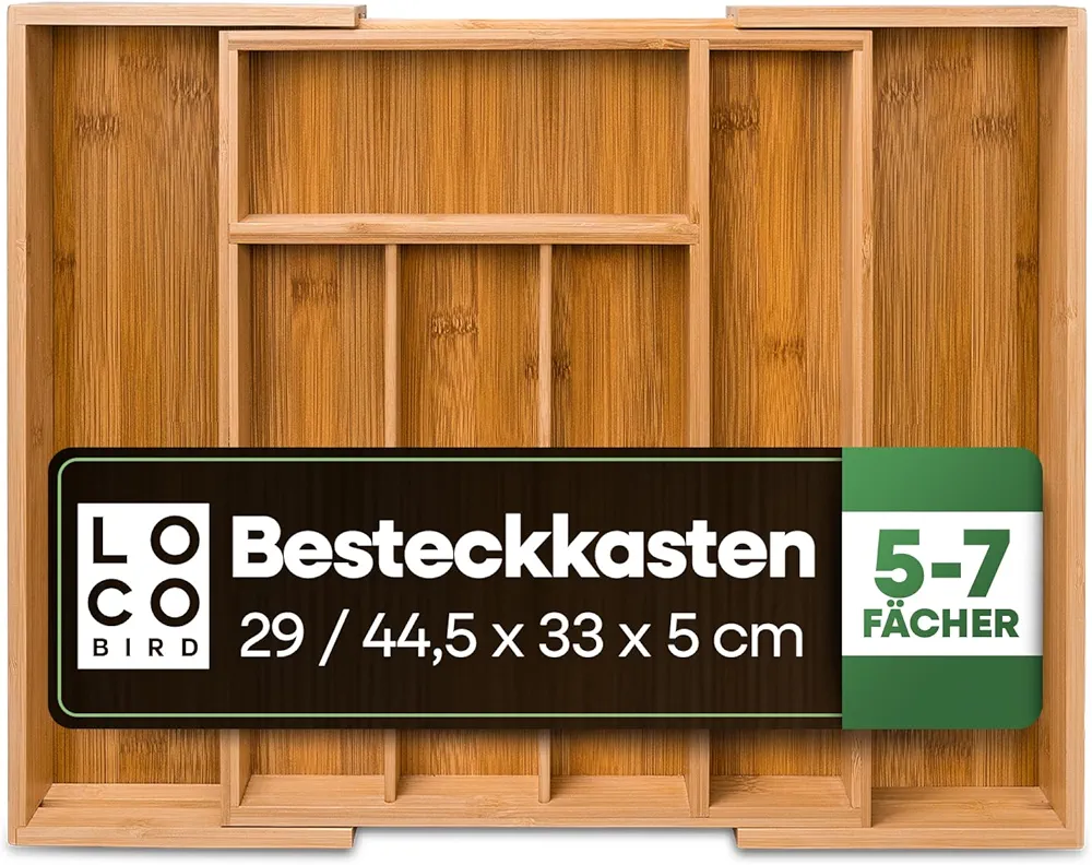 Sidorenko Loco Bird - Organizador de cubiertos para cajones de cocina de bambú con hasta 7 compartimentos y organizador de cubiertos útil para cocinas - almacenamiento cubiertos cajón de cocina