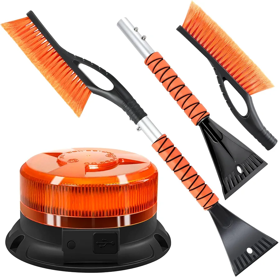 antom luz de advertencia LED amarilla 12V 24V con imán y rascador de hielo, cepillo de limpieza para automóviles 2 en 1-67 cm de largo con calentador para coches accesorios de automóvil