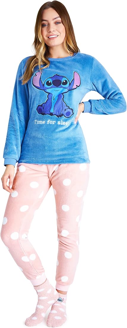 Disney Pijama Mujer Invierno de Polar con Calcetines Stitch Mickey Minnie Baby Yoda