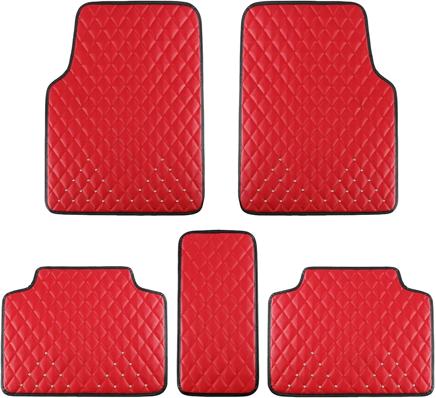 eing Alfombrillas de piel sintética para todo tipo de clima para automóvil, SUV y camión, paquete de 5 (delantero y trasero), protección resistente, cojín de piso de automóvil, color rojo