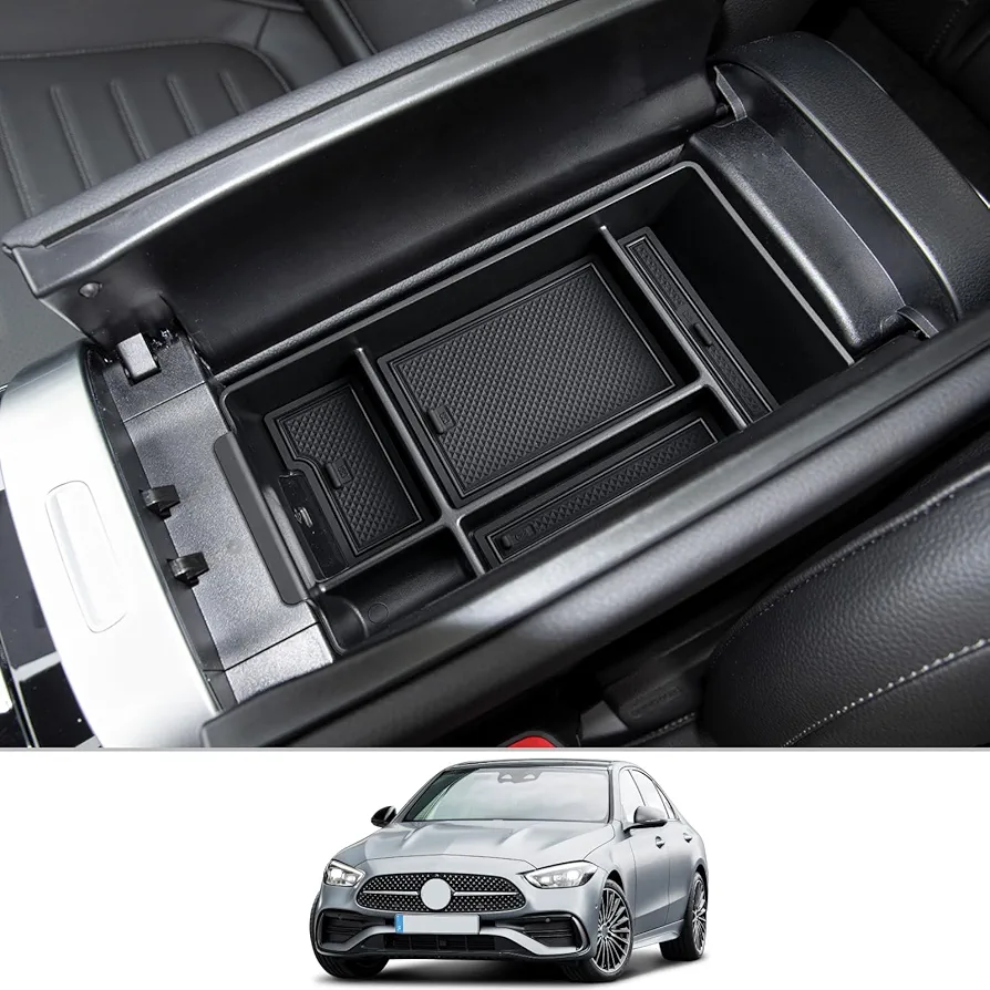 CDEFG Mercedes W206 C Clase 2022 2023 2024 Caja de almacenamiento Consola Central Apoyabrazos Interior Center Armrest Storage Box, Con Tapete Antideslizante Accesorios Interiores del coche (Negro)