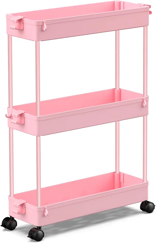 SPACEKEEPER Carrito de cocina con 3 niveles, carrito estrecho con ruedas, ahorra espacio, estantería de baño y estantería de cocina para cocina, oficina, baño, 40 x 13 x 61 cm, color rosa