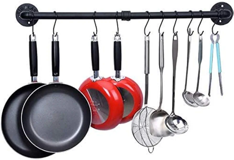 WuGeShop Soporte de pared para ollas, barra para colgar sartenes con 10 ganchos, organizador de utensilios de cocina, estante para colgar ollas, color negro