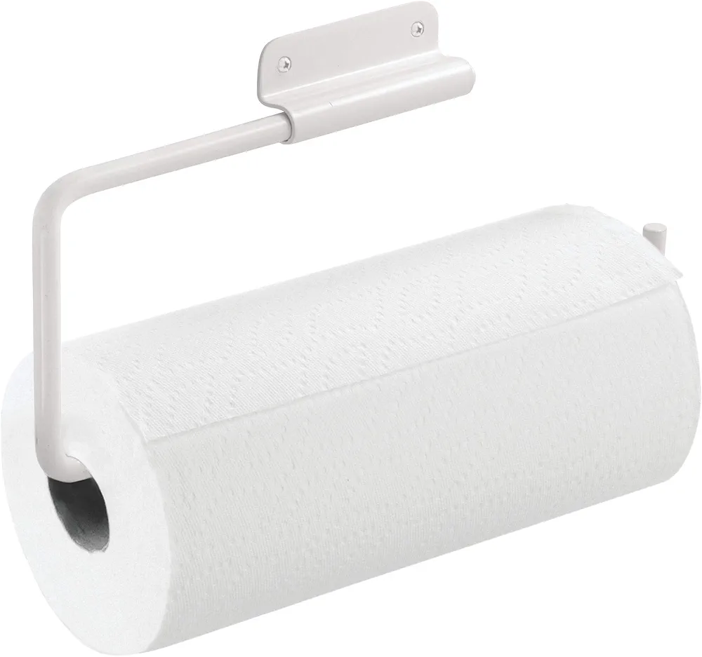 iDesign Portarrollos de cocina, sujeta rollos orientable de metal con barra giratoria para papel de cocina, portarrollos de pared para 1 rollo de cocina, blanco