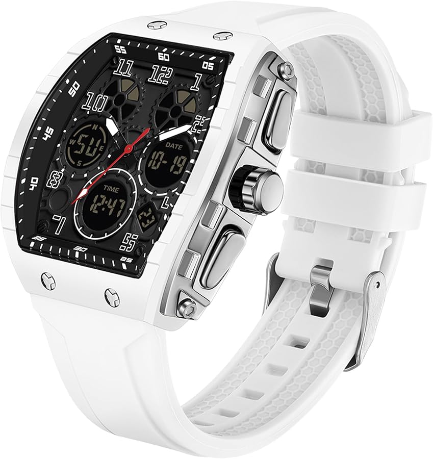 findtime Reloj rectangular para hombre con diseño moderno, reloj de pulsera digital analógico de cuarzo con temporizador de doble hora, cronómetro, resistente al agua, 5 ATM, color blanco