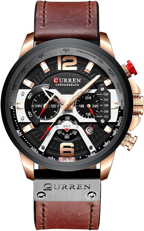 CURREN Relojes para hombre, relojes de cuarzo analógico, calendario, reloj de pulsera para hombre, reloj impermeable de moda con correa de cuero, Marrón, Cronógrafo, movimiento de cuarzo
