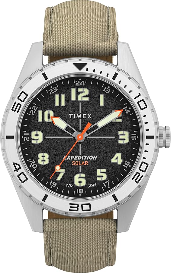 Timex Expedition Field - Reloj solar para hombre de 43 mm, pulsera en color cuero, esfera negra, caja en acero IP TW4B30700