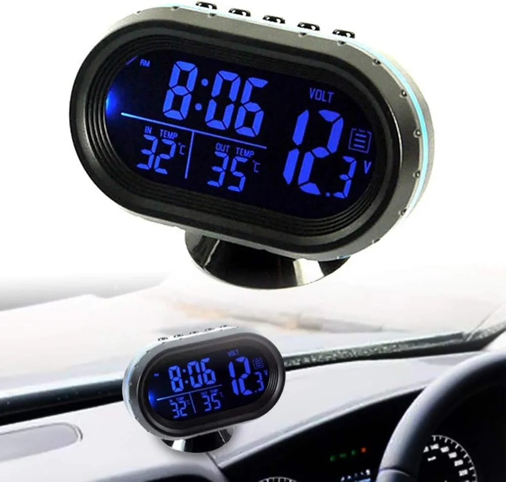 Riloer Reloj de Coche, DC 12-24V Termómetro Digital de Coche Voltímetro Monitor Reloj y LCD Reloj Bidireccional para Coche, Camión, Barco