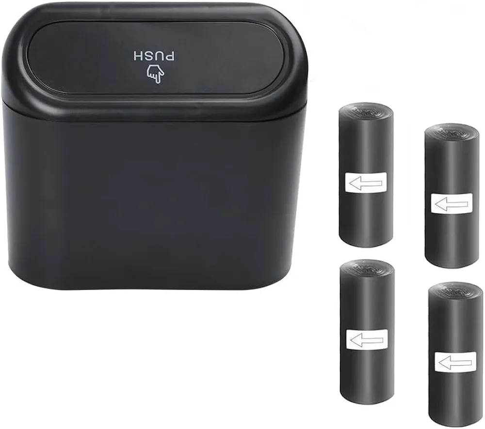 Bote de Basura para Coche,Mini Cubos de Basura para Automóviles Contenedores de Coche con 60 PCS Bolsas de Basura Bote de Basura Portátil Cenicero para Coche con Tapa y Ganchos para Accesorios Coche