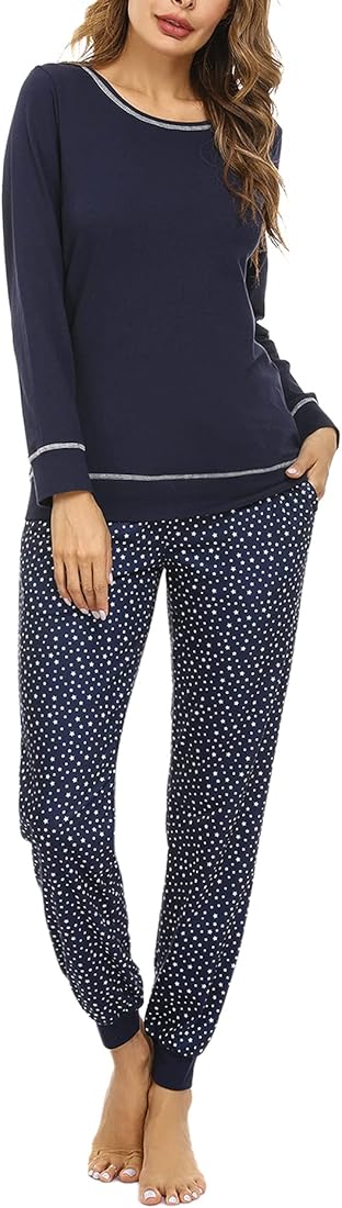Litherday Pijama Mujer Invierno Algodón Conjunto de Pijama Sexy para Mujer Manga Larga Talla Grande Suave Ropa de Dormir para Mujer Pantalones Largo con Bolsillos y Cordón S-XXL