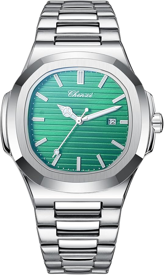 JewelryWe Reloj de Cuarzo para Hombre, Reloj de Mujer Caja de Rombos Cuadrada de Moda Escala de Barra Luminosa Manecillas Luminosas Correa de Acero Inoxidable Sólido