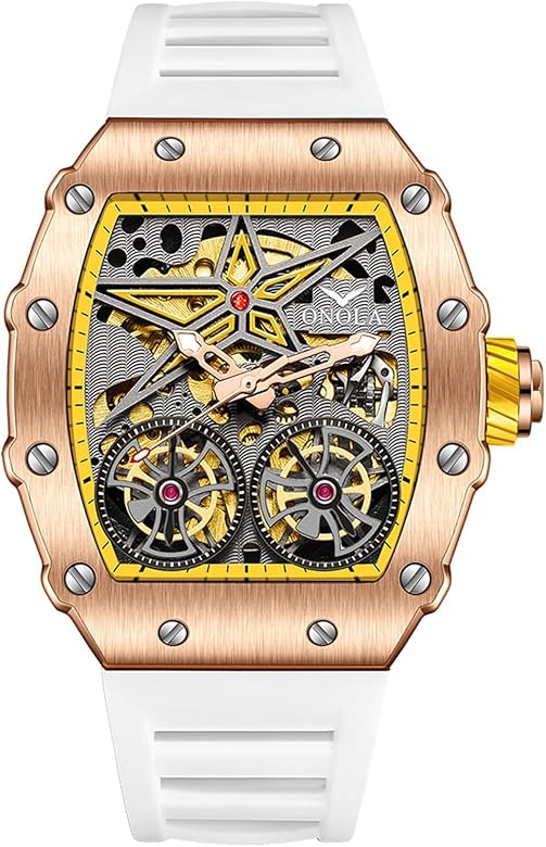 FORSINING Reloj de pulsera para hombre, diseño de esqueleto en forma de tonneau, mecánico, automático, esfera grande, a la moda, para negocios, vestir, correa de silicona, Blanco y amarillo, Correa