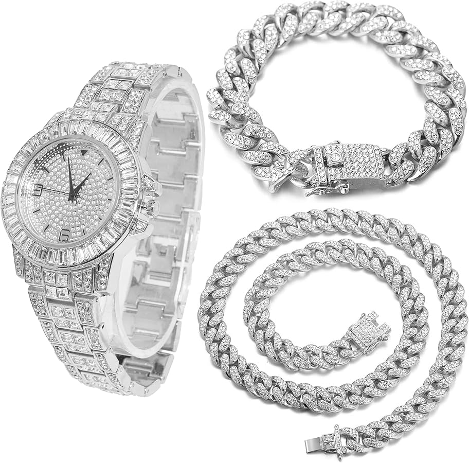 HALUKAKAH Diamante Reloj Oro, Hombres Chapado Oro Real 18K/Oro Blanco Platino 38MM Ancho Ronda Esfera Cuarzo Pulsera 22cm con Enlace Cubano Cadena 20+45cm Collar Pulsera, con Caja de Regalo