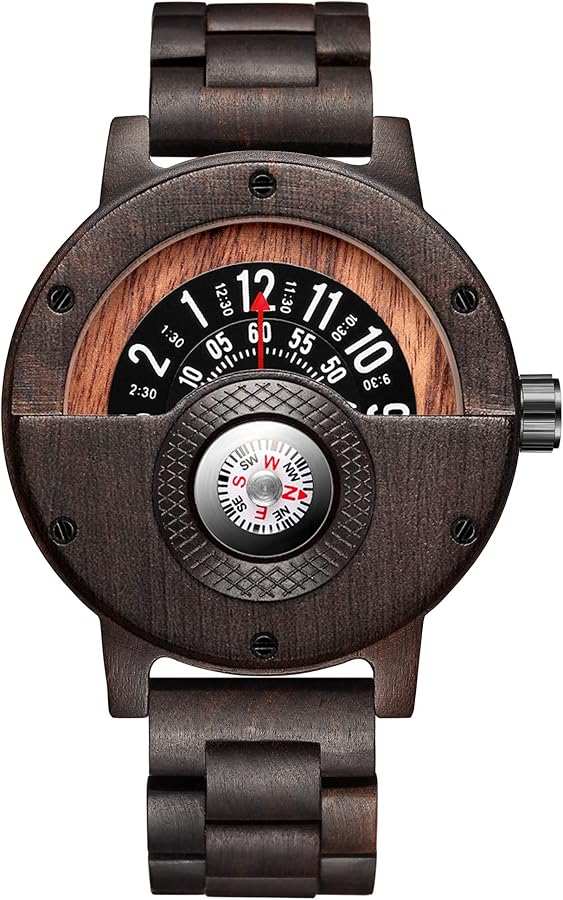 GORBEN Reloj de Cuarzo Ligero de Madera Natural para Hombre con brújula Hecho a Mano - Caja de Regalo