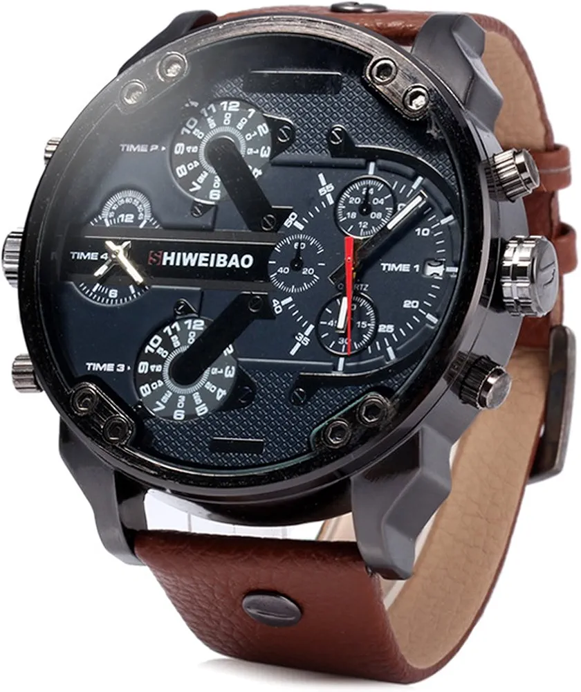 FENKOO Hombre Reloj de Pulsera Cuarzo Calendario/Dos Husos Horarios Piel Banda Negro/Marrón Marca-