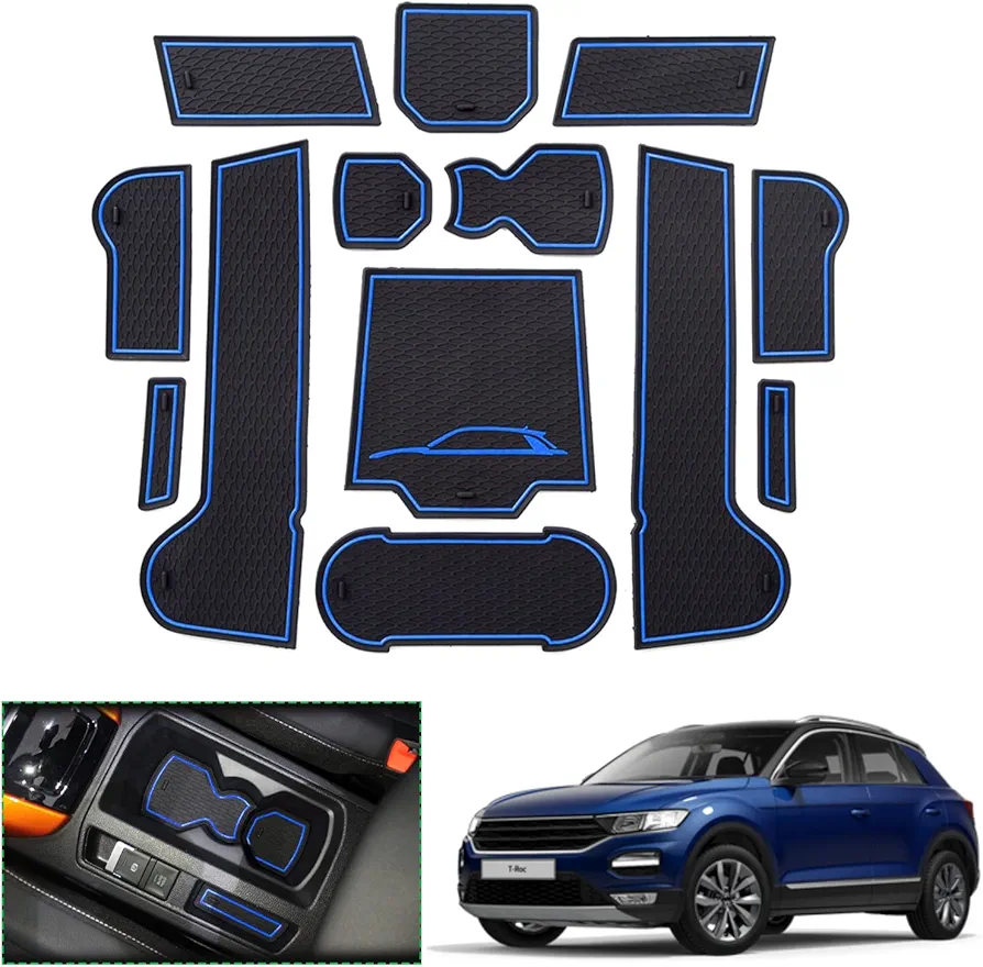 GAFAT Compatible con VW T-ROC Alfombrillas Antideslizantes, T-R0C 2017-2022 2023 Alfombrillas de Goma para Consola Central, Bandeja Organizadora, Guantera, Ranuras para Puerta (Azul)