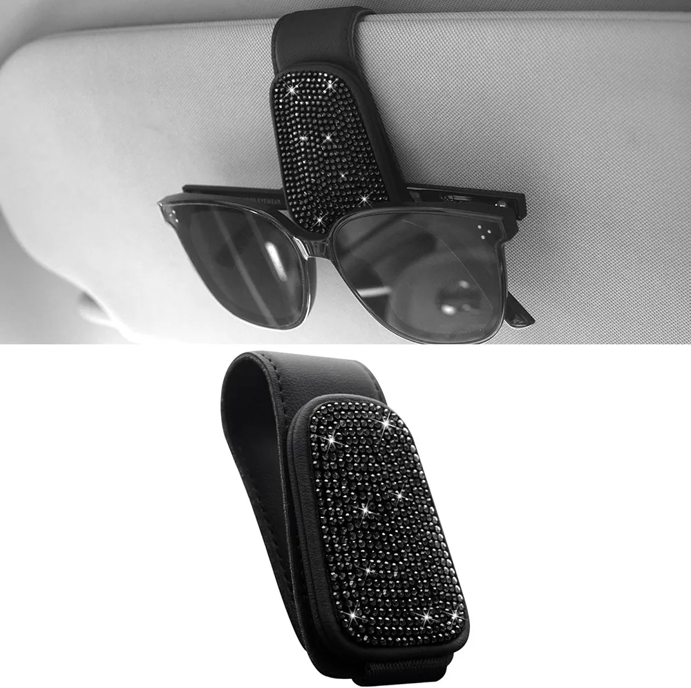 Anwlki Bling - Soporte magnético para gafas de sol para visera de coche, de piel, clip de estrás, para mujeres y niñas, color negro