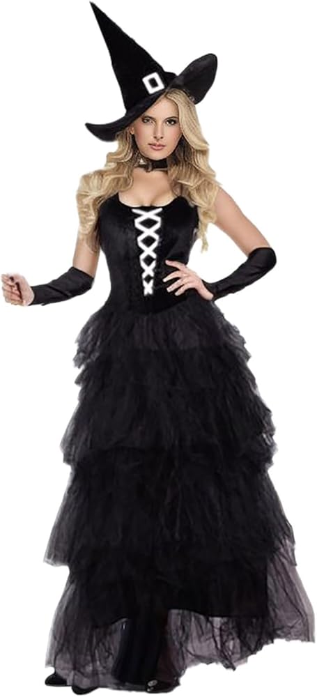 Disfraz de bruja para mujer, Halloween, con sombrero de bruja, vestido de fantasía, cómodo, disfraz medieval, disfraz de mago grande, disfraz de mago espeluznante, juego gótico