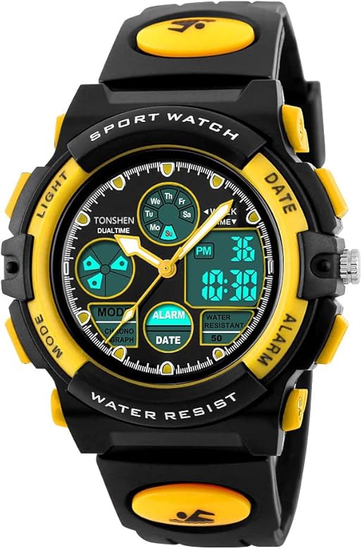TONSHEN LED Digitales Impermeable Relojes Deportivos Analógico Cuarzo Doble Tiempo Número Display Militares Táctica 50M Resistente Agua Plástico Bisel Y Correa Goma Relojes de Pulsera