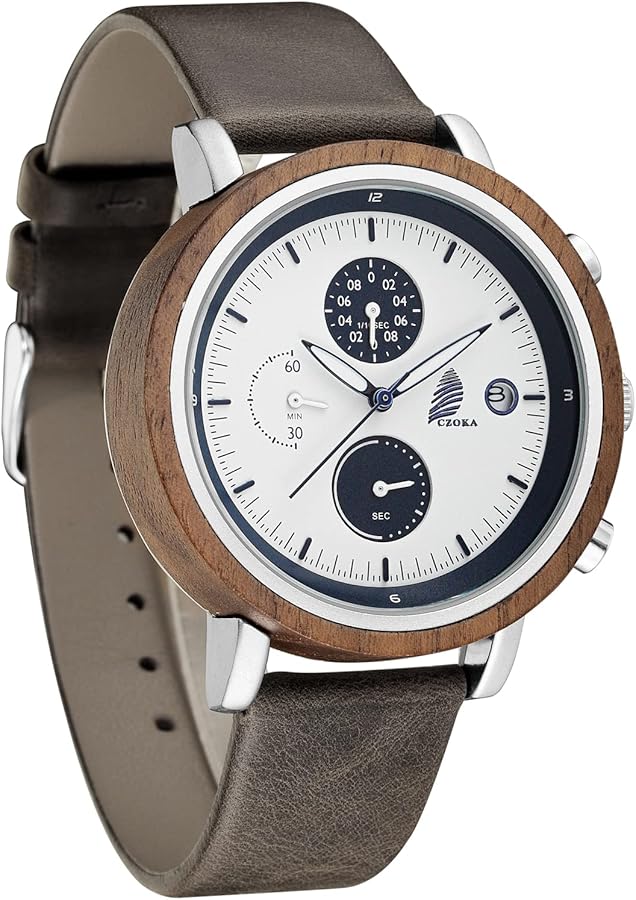 CZOKA Reloj de Madera para Hombres y Mujeres, 100% Natural Artesanal Nuez Negra/Oliva Movimiento de Cuarzo Japonés Relojes Pulsera Ajustable de Madera
