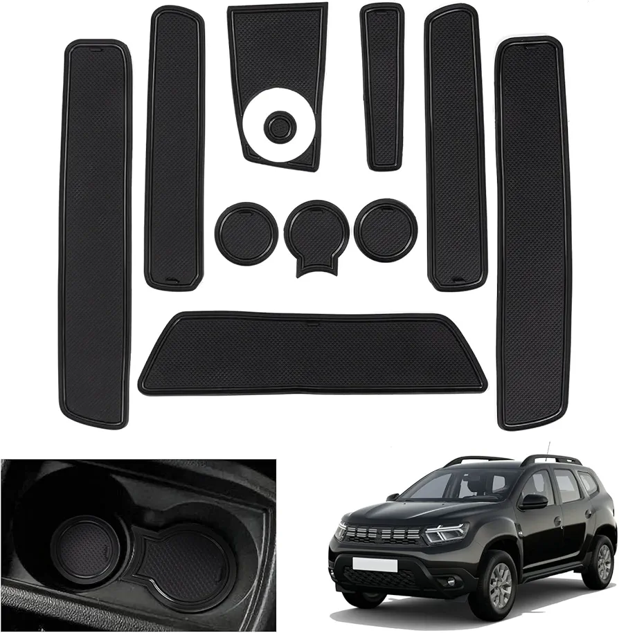 GAFAT 2018-2021 Renaul-t/Dacia Duster Alfombrillas Antideslizantes, Alfombrillas de goma, Consola Central de Copa Esterillas, Caja de Almacenamiento, Costura de Puerta [No para 2022] (Negro)