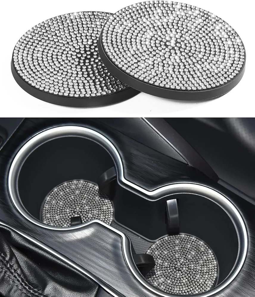 Flaconi 2PCS Posavasos Coche,Posavasos para Coche,Posavasos de Coche Antideslizante,Posavasos de Coche con Purpurina Alfombrillas,Accesorios Coche,para a la Mayoría de los Automóviles(Blanco)