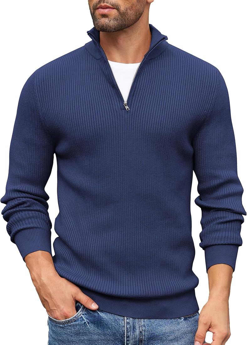 COOFANDY Jersey Hombre Invierno Suéter Cuello Alto Regular Fit Jersey de Canalé con Cremallera de un Cuarto Suéteres de Punto