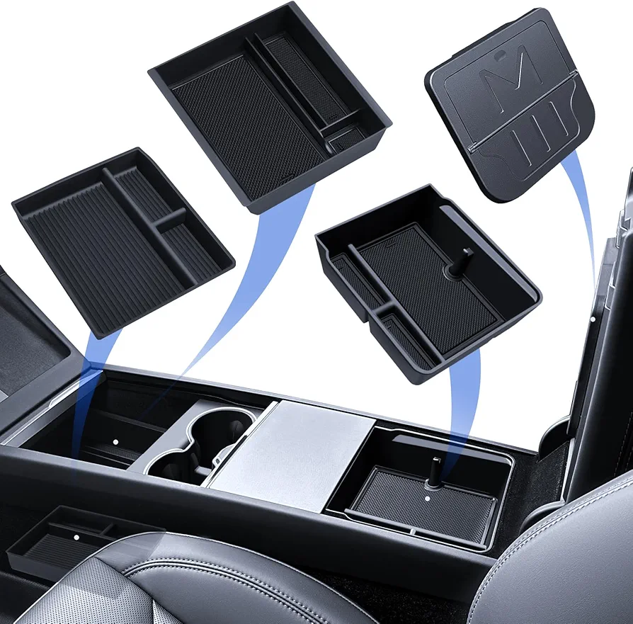 LANTU 4 accesorios para Tesla Model 3 2024 organizador de consola central, bandeja organizadora de silicona, caja de almacenamiento para reposabrazos y caja oculta Tesla Model 3 2024 Highland
